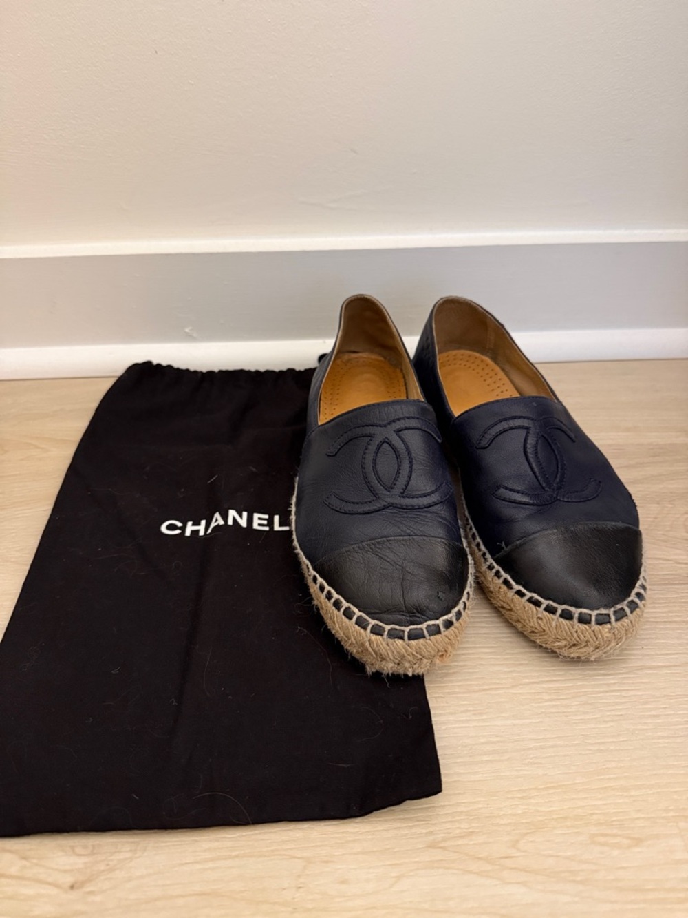 CHANEL Navy Leather Espadrilles with Black Cap Toe - Picture 2 of 14